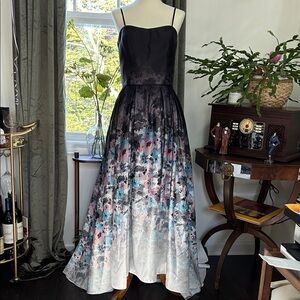 Betsy Adam High Low Dress in Black and Gray Floral